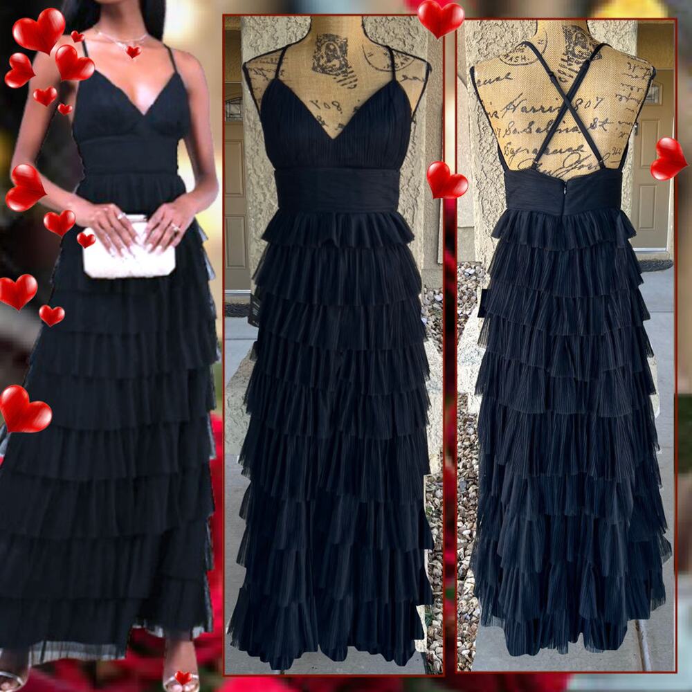 Lulus Radiant Event Black Mesh Tiered Ruffled Backless Maxi Dress Size M